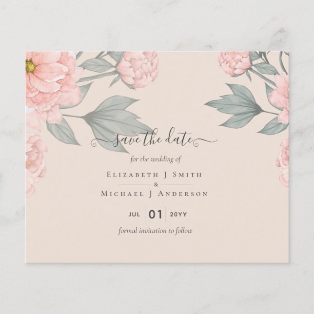 BUDGET  PEONIES Pink Sage Peach Wedding Flyer (Front)