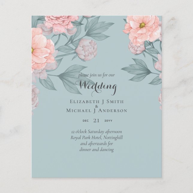BUDGET  PEONIES Pink Sage Peach Wedding Flyer (Front)