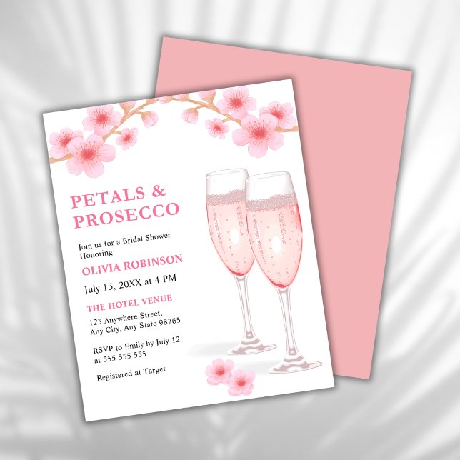 Budget Petals & Prosecco Pink Bridal Shower Invite (Modern Elegant Petals and Prosecco Pink Watercolor Floral Bridal Shower Invitation    )