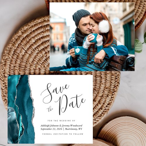 Budget Photo Agate Teal Blue Silver Save the Date