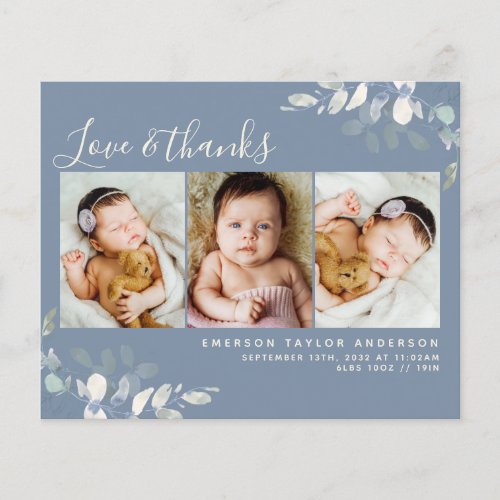 Budget Photo Baby Thank You Card  Blue Eucalyptus