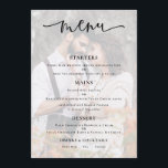 Budget Photo Background Script Wedding Menu Card<br><div class="desc">Modern Photo Transparent Overlay Script Wedding Menu.  An informal set typography in black for the main heading Menu complementing the rest of the text which you can easily personalise. Replace the sample photo which is tinted in the background with your own favorite.</div>