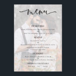 Budget Photo Background Script Wedding Menu Card<br><div class="desc">Modern Photo Transparent Overlay Script Wedding Menu.  An informal set typography in black for the main heading Menu complementing the rest of the text which you can easily personalise. Replace the sample photo which is tinted in the background with your own favorite.</div>