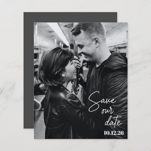 Budget Photo Black Script Modern Save The Date (Front/Back)