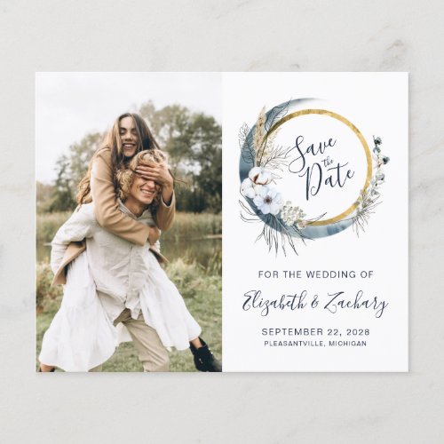 Budget Photo Boho Blue Floral Moon Save the Date
