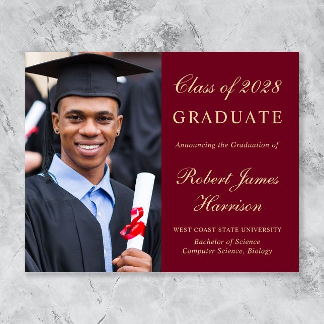Budget Photo Burgundy Gold Graduation Announcement (Creator Uploaded)