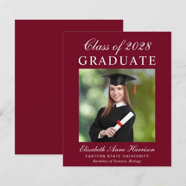 Budget Photo Burgundy Graduation Announcement (Front/Back)