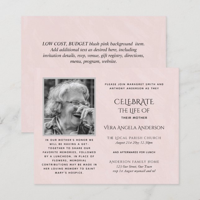 BUDGET PHOTO Celebration of Life INVITATIONS (Front/Back)