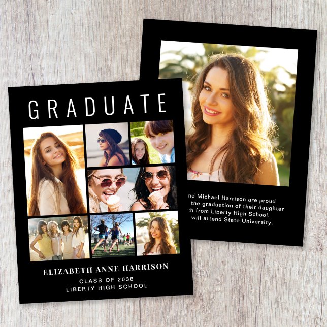 Budget Photo Collage Black Graduation Announcement (Budget 8 Photo Black Graduation Announcement)