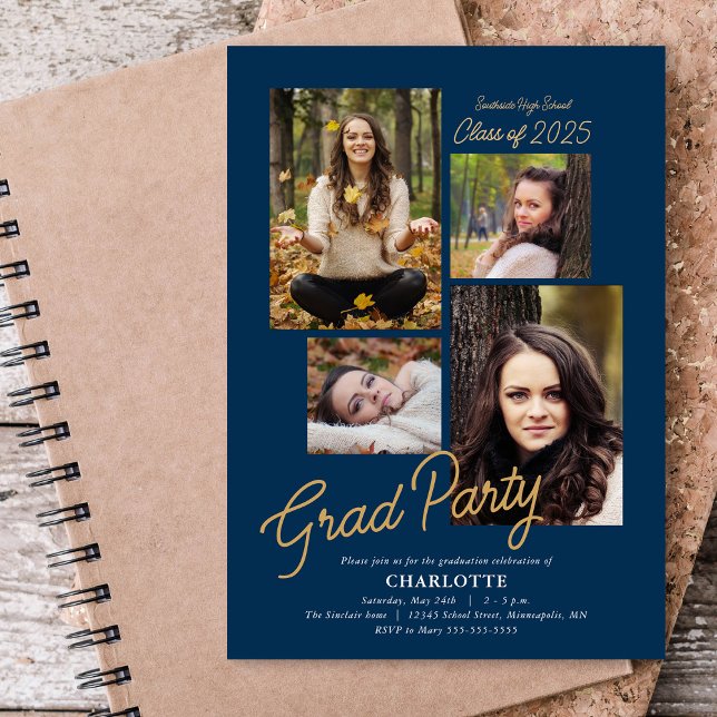 Budget Photo Collage Dark Blue Graduation Party Invitation (Creator Uploaded)