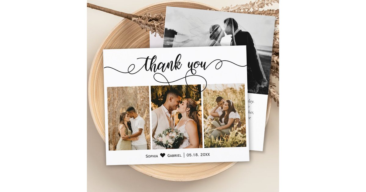 Budget Photo Collage Script Wedding Thank You Card | Zazzle