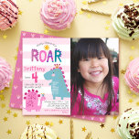 Budget Photo Dinosaurs Girl Birthday Invitation<br><div class="desc">“Stomp, chomp and roar”. Here’s a great way to celebrate your child’s birthday with friends and family. Send out this cute, fun, simple, festive, modern, personalized budget photo birthday party invitation. A fun, whimsical, playful visual of a cute, bold, kawaii, pink brontosaurus, turquoise blue t-rex, and fun, handwritten typography over...</div>