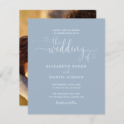 Budget Photo Dusty Blue Script Wedding Invitation - This elegant budget wedding invitation can be personalized with your celebration details set in chic typography on a dusty blue background and your special photo on the reverse. Designed by Thisisnotme©