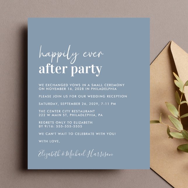 Budget Photo Dusty Blue Wedding Reception Invite (A chic budget-friendly Happily Ever After Party invitation for your wedding celebration)