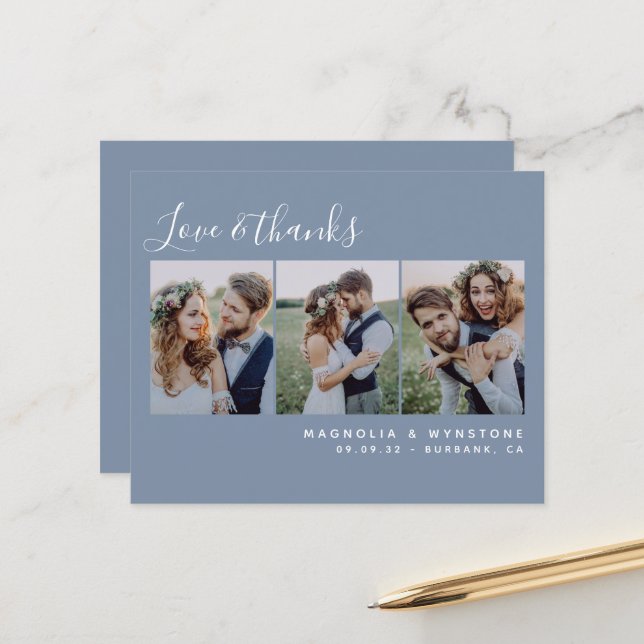 Budget Photo Dusty Blue Wedding Thank You Card (Front/Back In Situ)