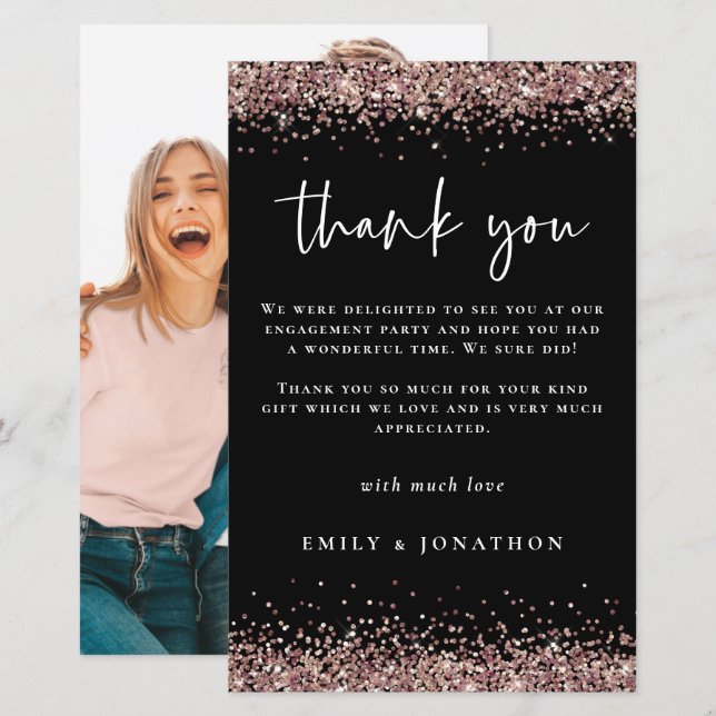 Budget Photo Engagement Rose Gold Glitter Thanks (Front/Back)