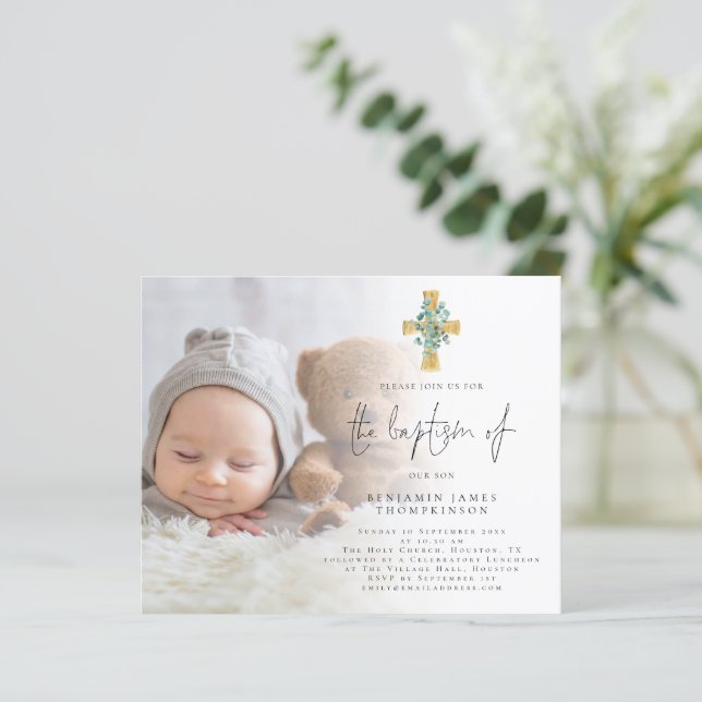 Budget Photo Eucalyptus Cross Baptism Invite (Standing Front)