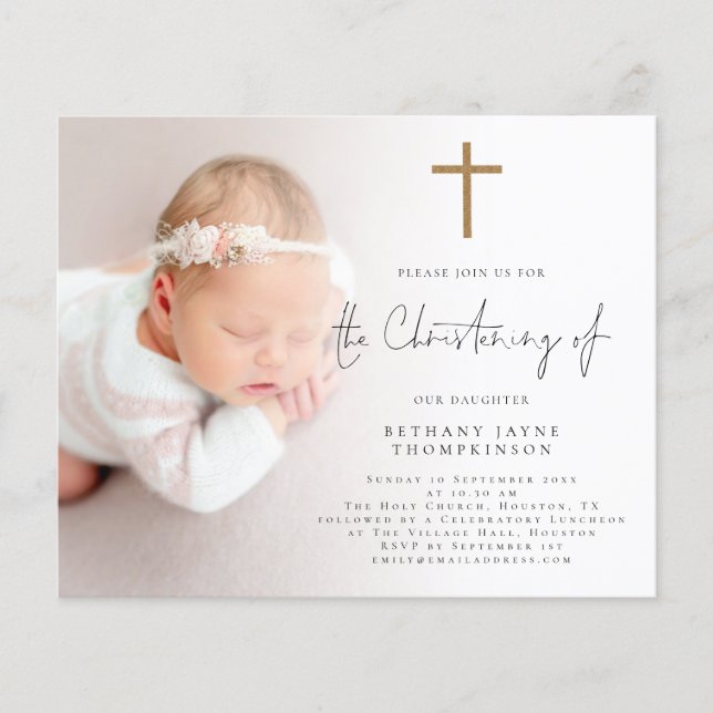 Budget Photo Gold Glitter Cross Christening Invite (Front)