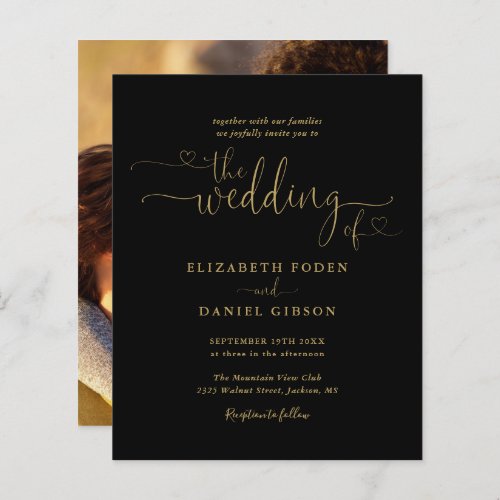Budget Photo Gold Hearts Script Wedding Invitation - This elegant budget wedding invitation can be personalized with your celebration details set in chic gold typography on a black background and your special photo on the reverse. Designed by Thisisnotme©