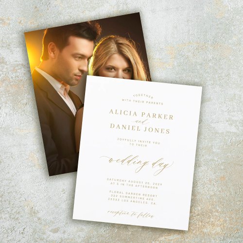 Budget photo gold script wedding invitation