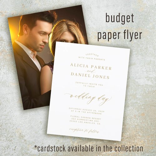Budget photo gold script wedding invitation flyer