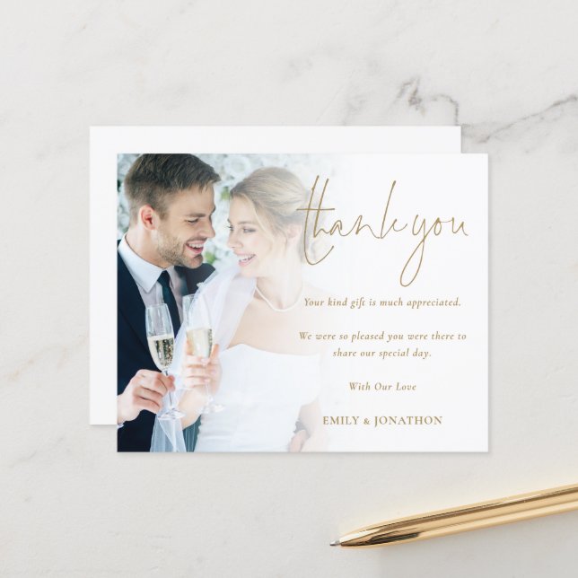Budget Photo Gold Script Wedding Thank You (Front/Back In Situ)
