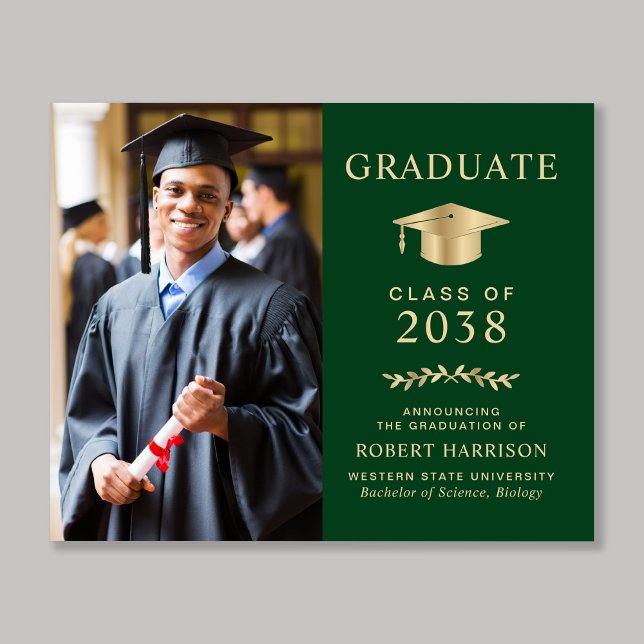 Budget Photo Green Gold Graduation Announcement (An elegant college graduation announcement to celebrate the graduate's achievements)