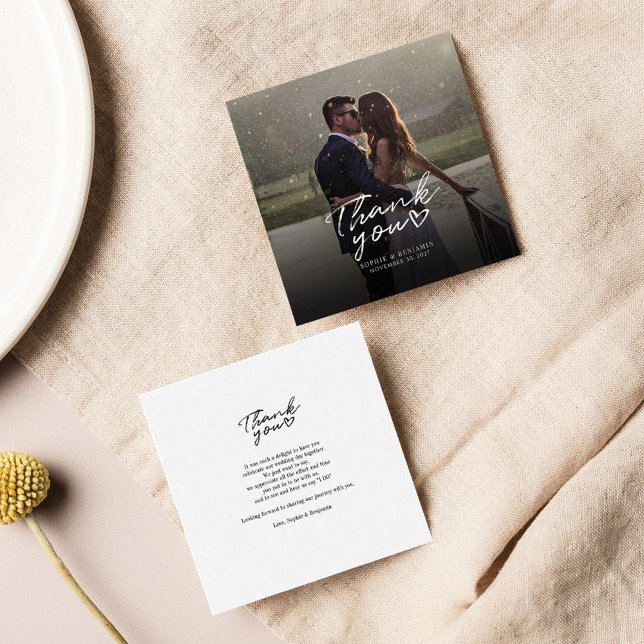 Budget Photo Hand-Lettered Wedding Thank You Note Card (Hand-Lettered Wedding Day Photo Thank You Mini Square Card)