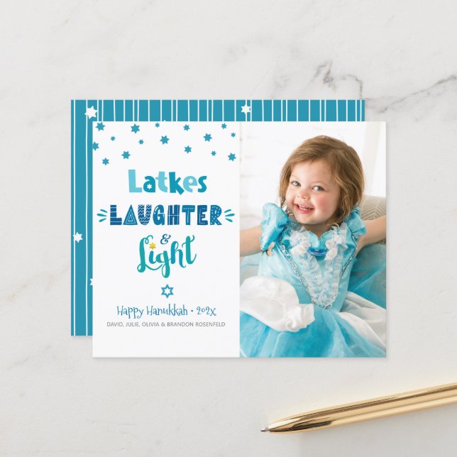 Budget Photo Hanukkah Latkes Laughter Light Card (Front/Back In Situ)
