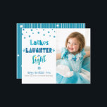 Budget Photo Hanukkah Latkes Laughter Light Card<br><div class="desc">“Latkes, laughter & light.” Fun, whimsical handcrafted typography and a random Star of David pattern in dusty blue, turquoise and teal on a white background, along with the photo of your choice, help you usher in Hanukkah. Hand drawn white lines and a random Stars of David pattern overlay a teal...</div>