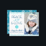 Budget Photo Hanukkah Peace Love Snowflake Card<br><div class="desc">“Peace, joy & love.” A fun, playful, turquoise blue faux foil snowflake illustration, confetti dots, and turquoise and navy blue modern typography on a clean, white background, along with the custom photo of your choice, help you usher in the Hanukkah season. A random white snowflake pattern overlays turquoise blue on...</div>