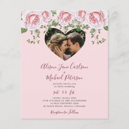 Budget photo heart pink floral wedding Invitation