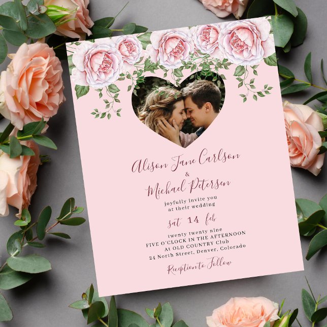 Budget photo heart pink floral wedding Invitation Flyer (Creator Uploaded)