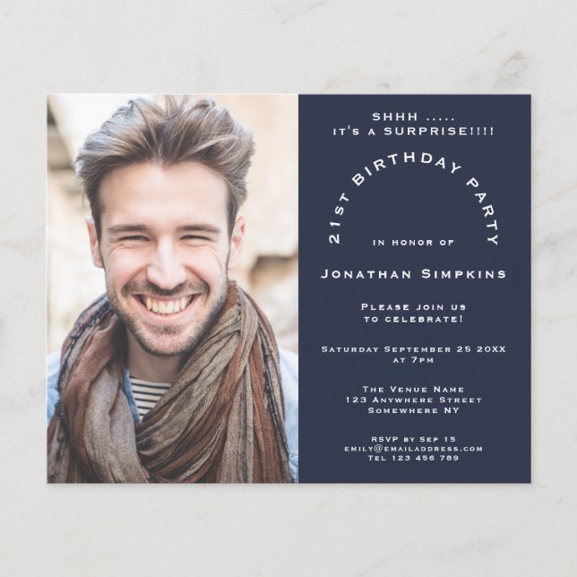 Budget Photo Man 21st Surprise Party Navy Invite (Front)