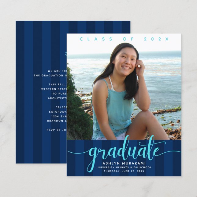 Budget photo navy stripes graduation invitation  (Front/Back)