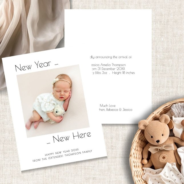 Budget Photo New Year New Here Birth Announcement  (front and back view)