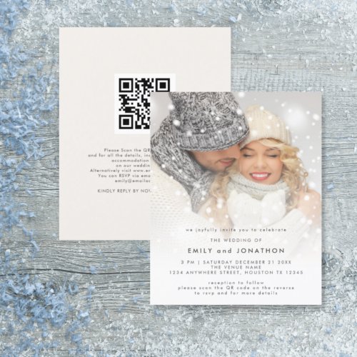 Budget Photo Overlay QR Code Winter Wedding Invite