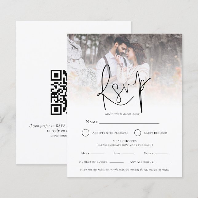 Budget Photo Overlay QR Meal Choices Wedding RSVP  (Front/Back)