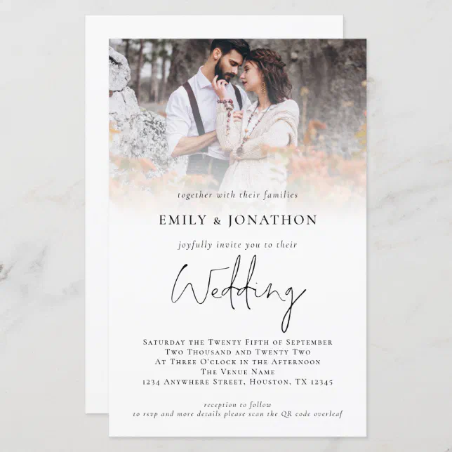 Budget Photo Overlay Script QR Code Wedding Invite | Zazzle