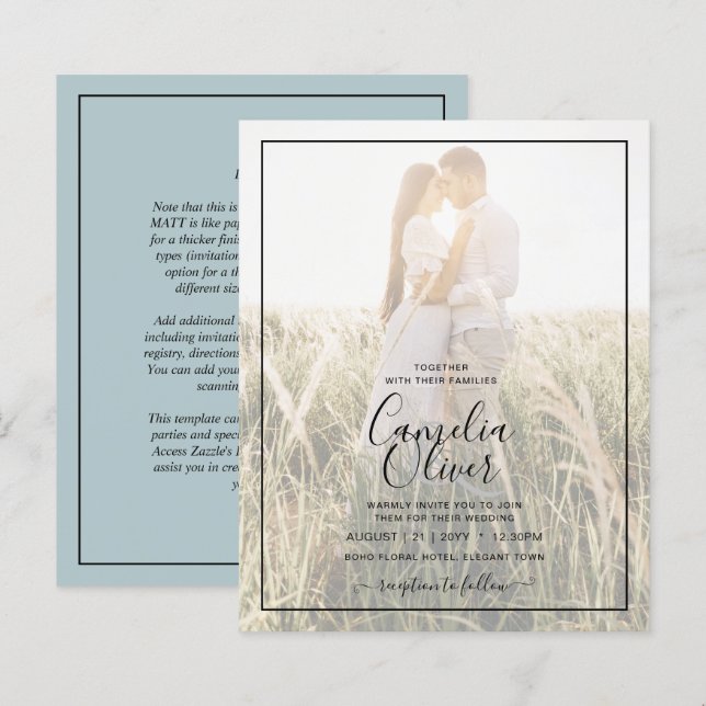 BUDGET Photo Overlay Sea Glass Sage Wedding Invite (Front/Back)