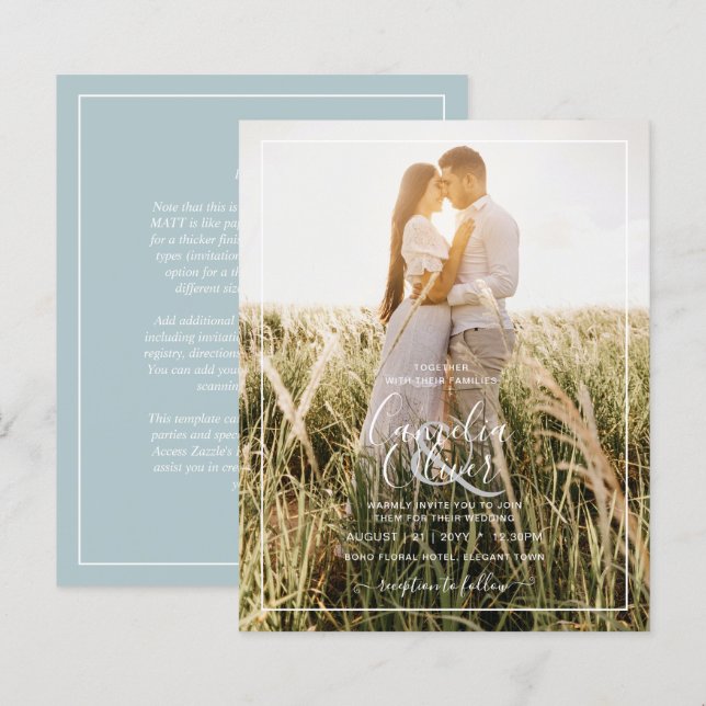 BUDGET Photo Overlay Sea Glass Sage Wedding Invite (Front/Back)