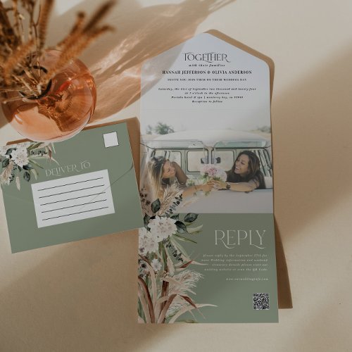 Budget photo pampas eucalyptus wedding QR code All In One Invitation