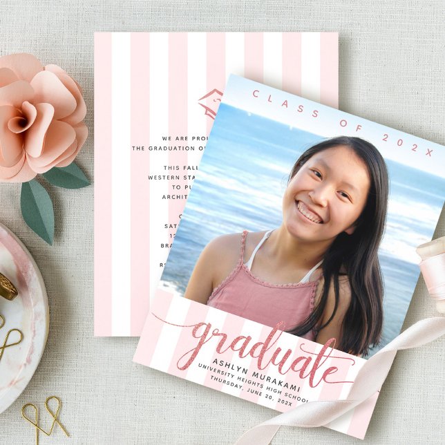 Budget photo pink glitter script graduation invite (Creator Uploaded)