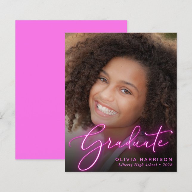 Budget Photo Pink Neon Graduation Announcement (Front/Back)