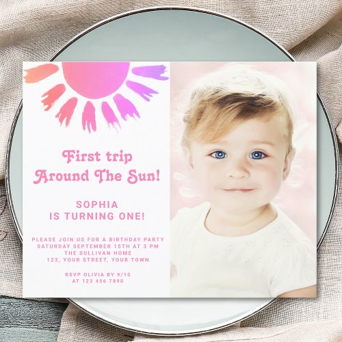 Budget Photo Pink Sun First Birthday Invitation