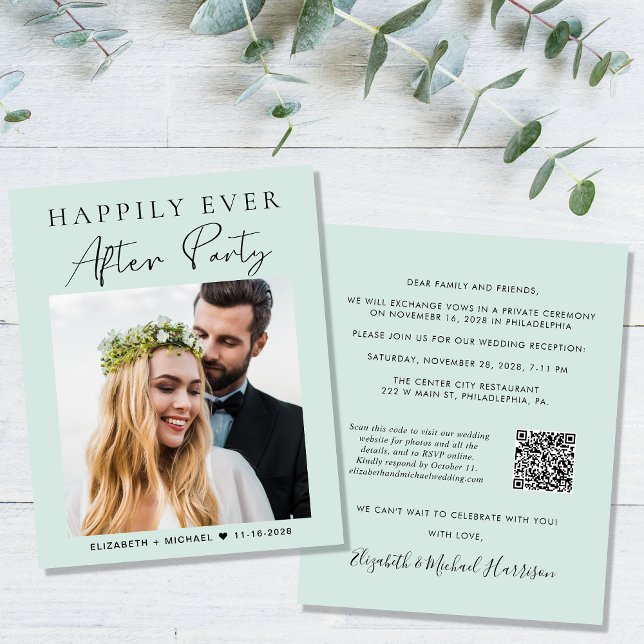 Budget Photo QR Code Mint Wedding Reception Invite (Creator Uploaded)