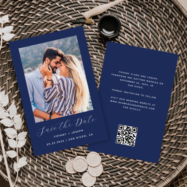 Budget Photo QR Code Navy Blue Save the Date (Creator Uploaded)