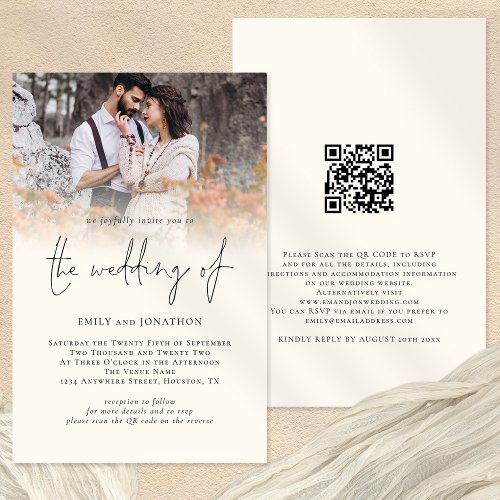 Budget Photo QR Code Script Cream Wedding Invite