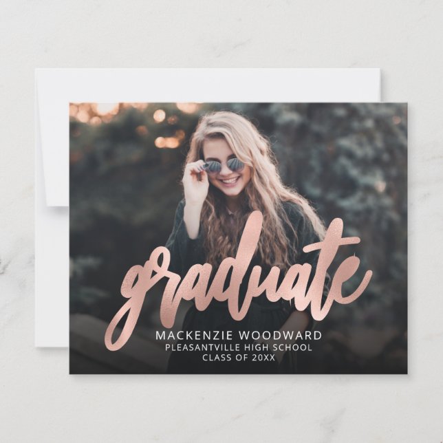 Budget Photo Rose Gold Script Grad Announcement (Front)
