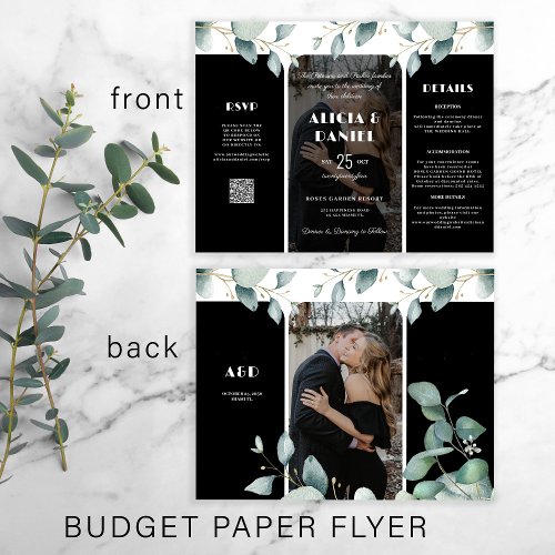 Budget photo rsvp details tri fold black wedding  flyer
